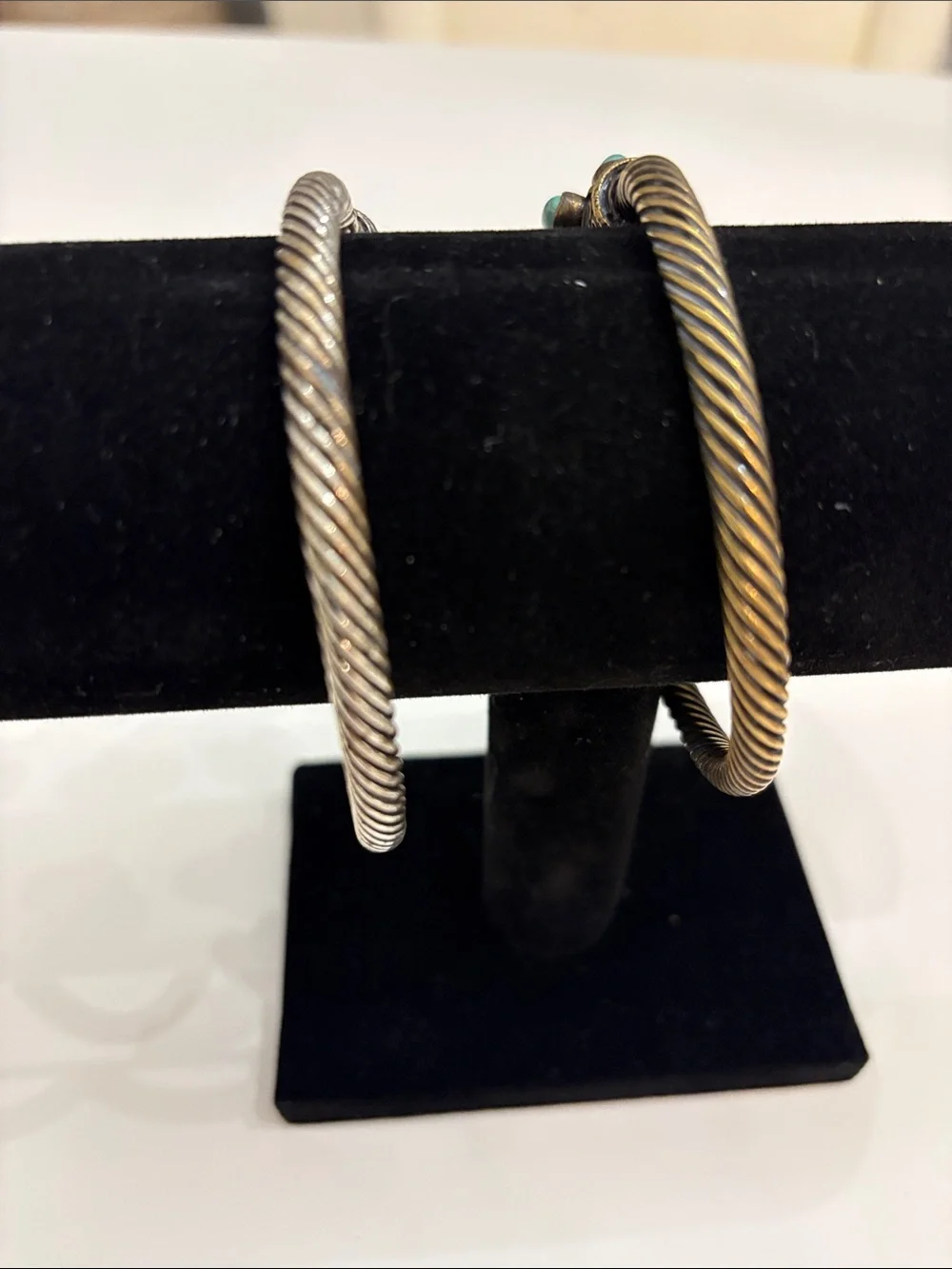 Vintage Tribal Silver Plated Cable Cuff Bracelets-2 Bangle Torque w/ Turquoise